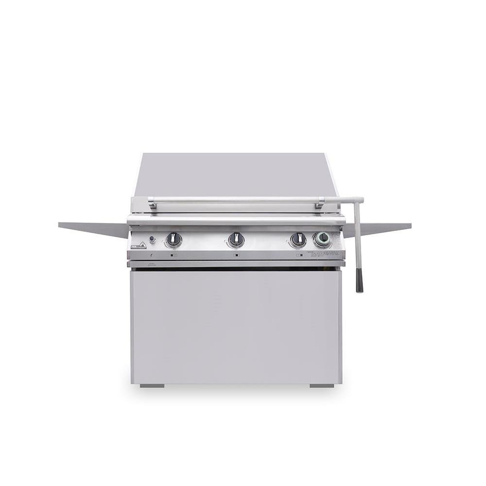 PGS Lift-Assist side-mounted handle on a built-in grill, lowering the hood handle into ADA reach range for a wheelchair-accessible outdoor kitchen