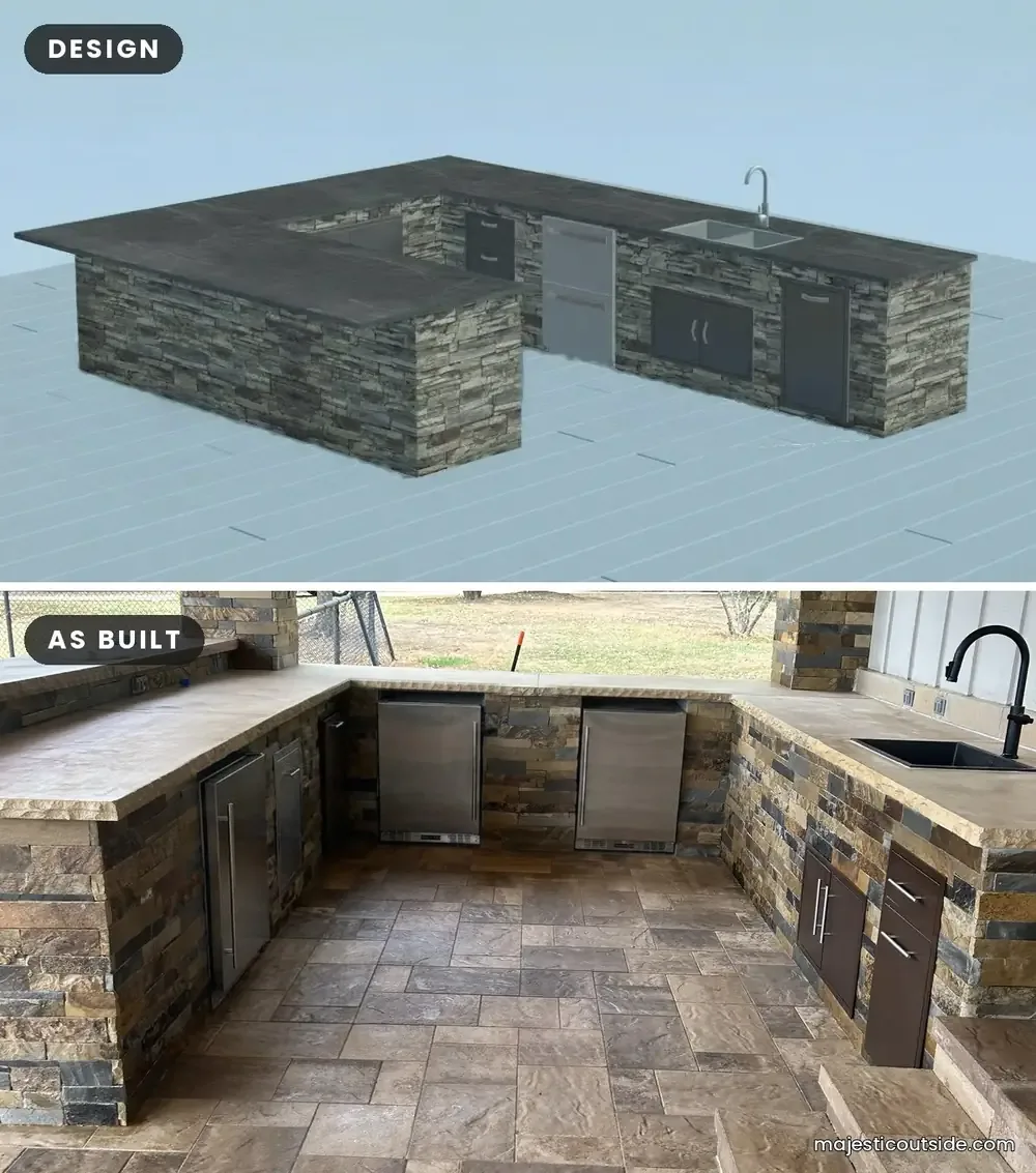 U-shaped outdoor bar design rendering compared with the built pool house bar with undercounter refrigeration and a black sink