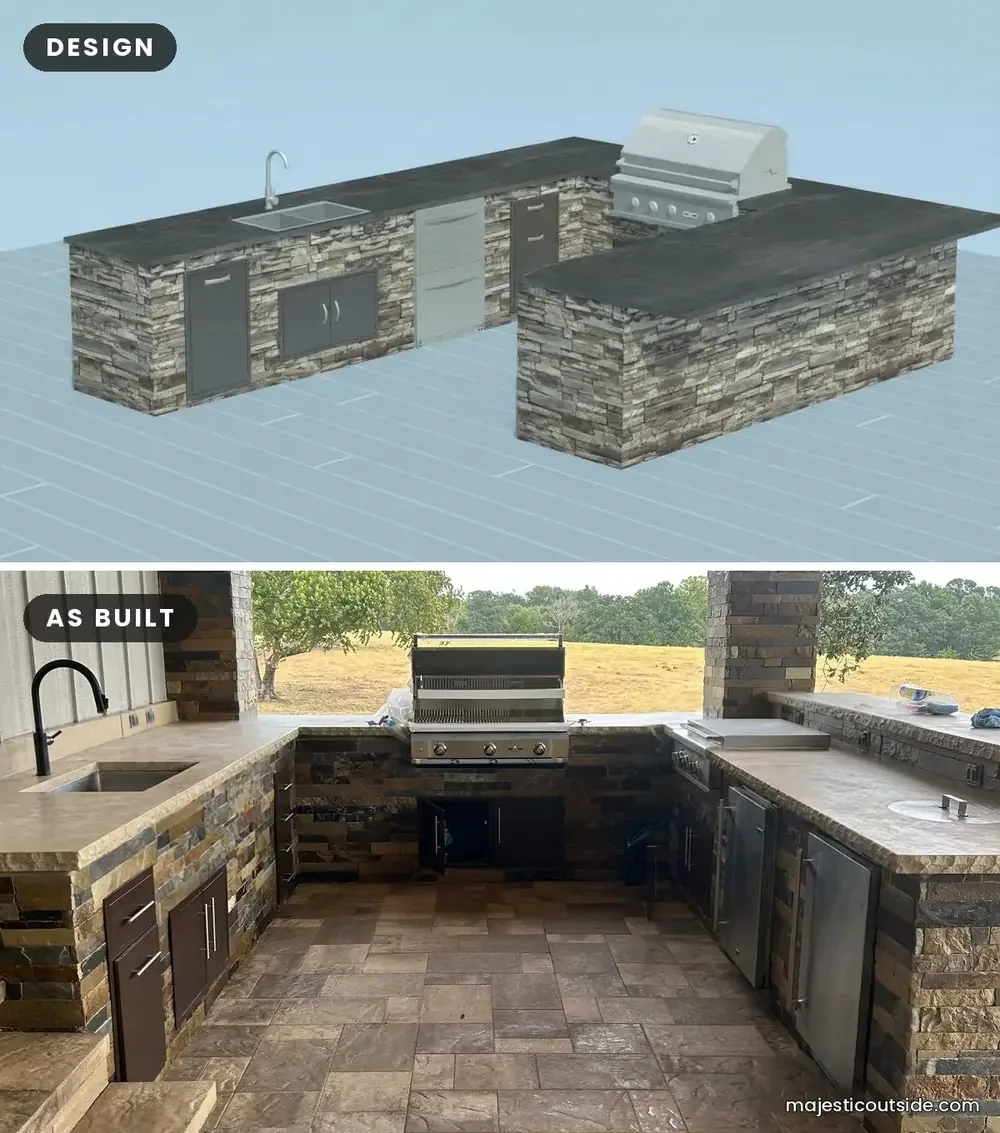 Outdoor kitchen grill station rendering compared with the built U-shaped grill station in the North Texas pool house