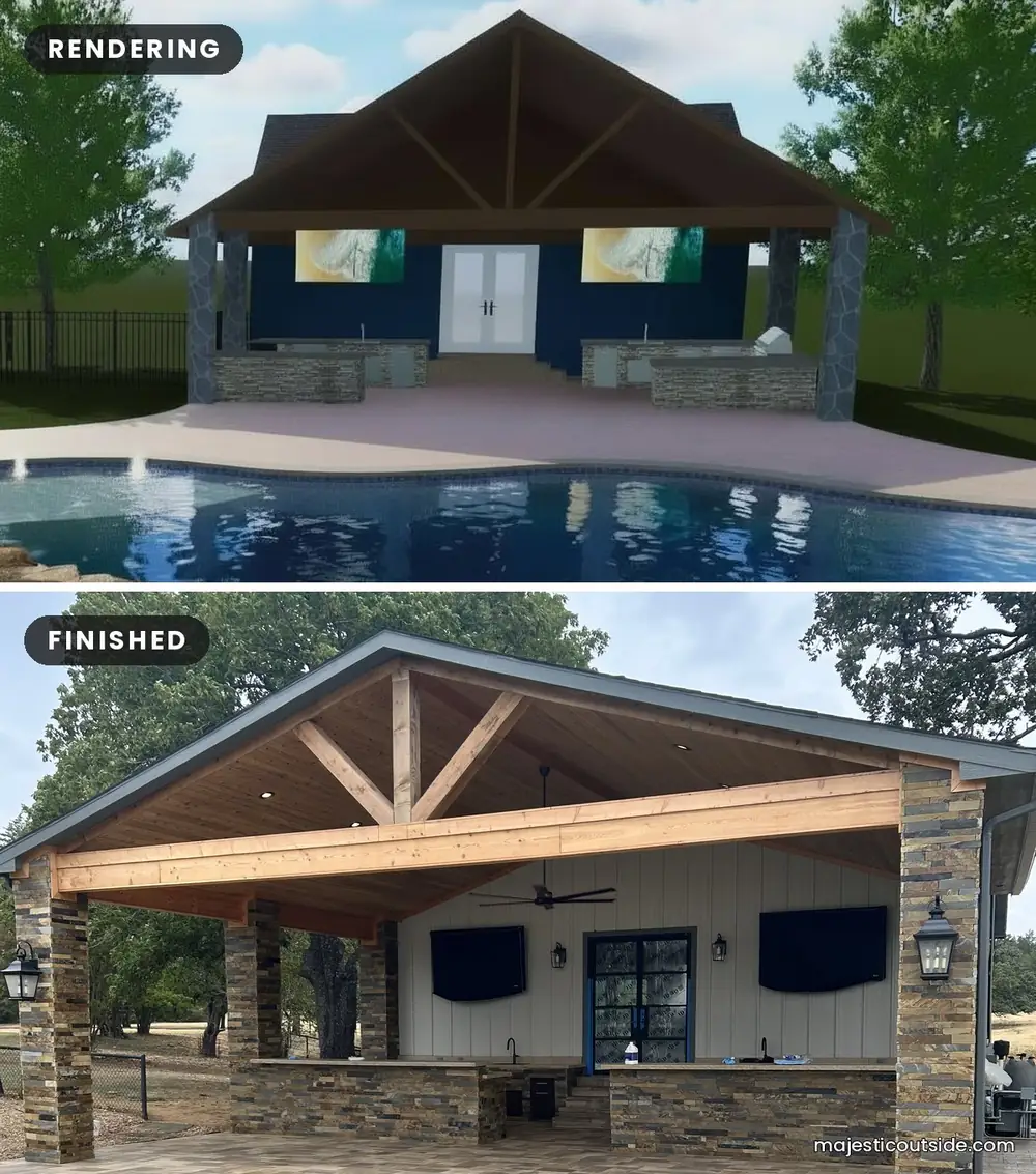 Pool house outdoor kitchen rendering compared with the finished stone pavilion and outdoor kitchens