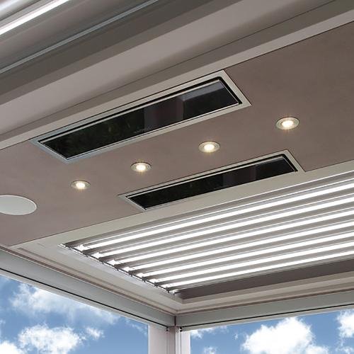 Bromic Platinum electric patio heater with ceiling recess kit over an outdoor lounge