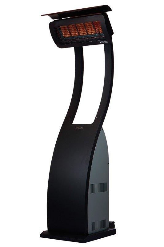 Bromic Tungsten portable propane patio heater on its black freestanding stand