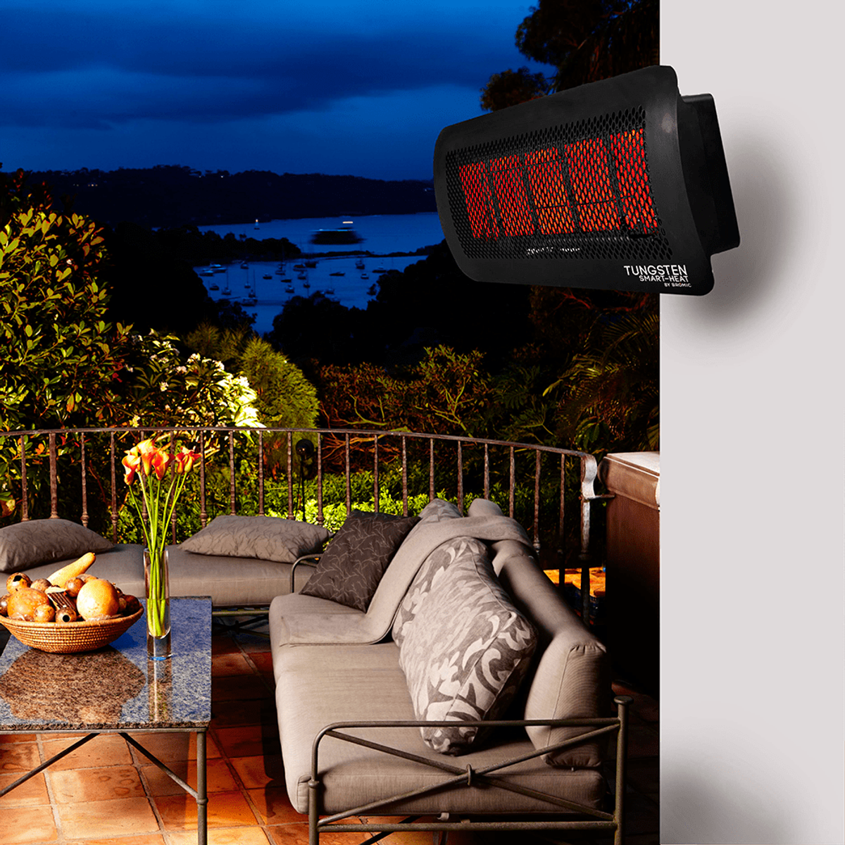 Bromic Tungsten gas patio heater mounted on a covered outdoor living space